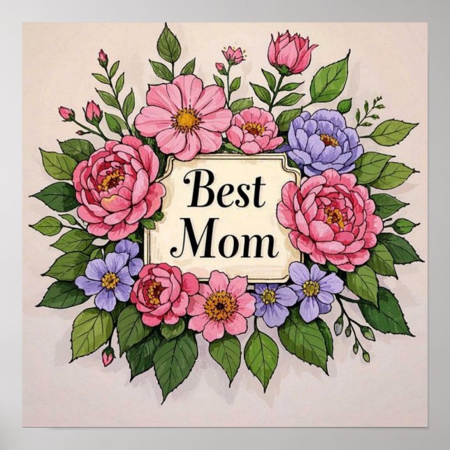 Snygg Pinkish Flowery Best Mamma Poster (Framsidan)