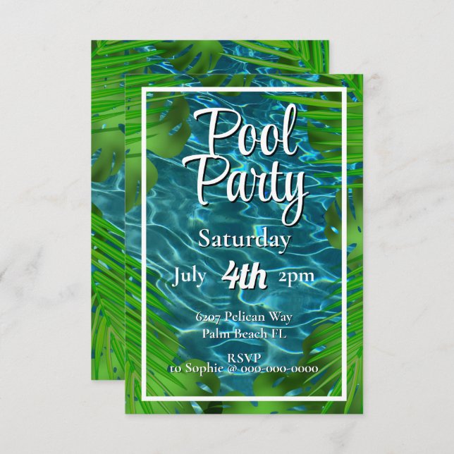 Snygg poolparty palmlöv  inbjudningar (Fram/baksida)