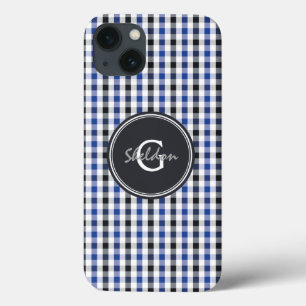 snygg preppy blå svart gingham mönster monogram