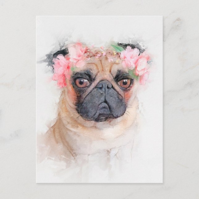 Snygg Pug Flower Krona Porträtt Vykort (Framsida)