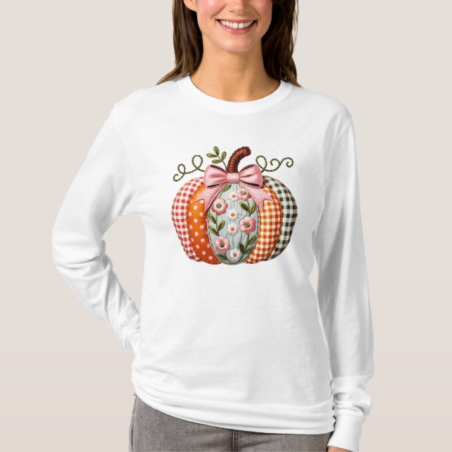 Snygg, Quiled Patchwork Patterned Pumpkin T Shirt (Framsida)