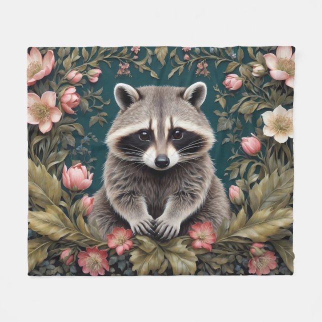 Snygg Racoon Rosa Blommigt Fleecefilt (Framsidan (Horisontell))