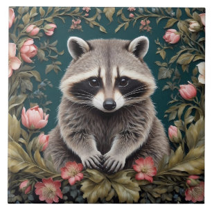 Snygg Racoon Rosa Blommigt Kakelplatta