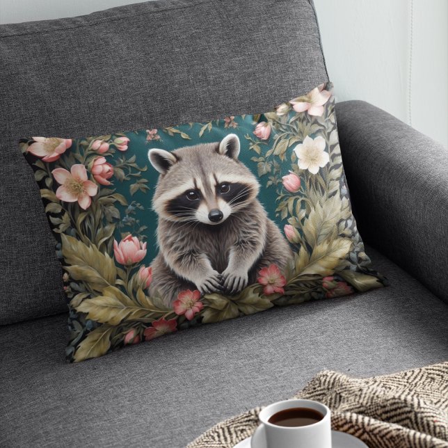 Snygg Racoon Rosa Blommigt Prydnadskudde (Skapare uppladdad)