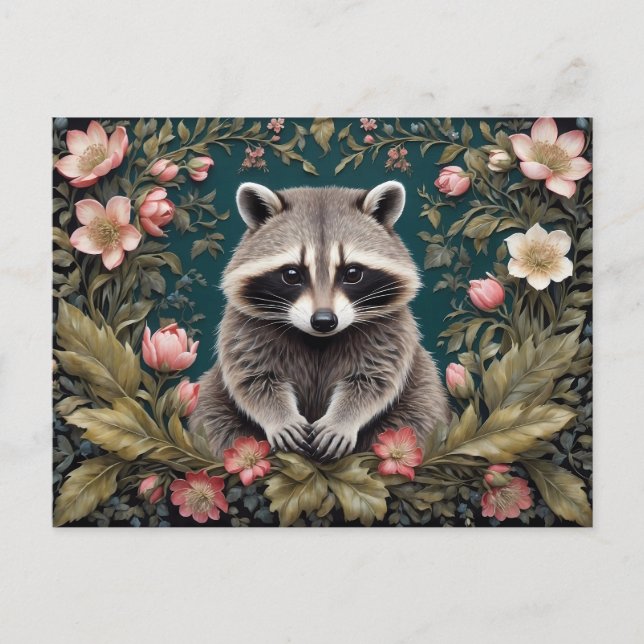 Snygg Racoon Rosa Blommigt Vykort (Framsida)