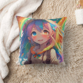 Snygg Rainbow Anime Girl Kudde