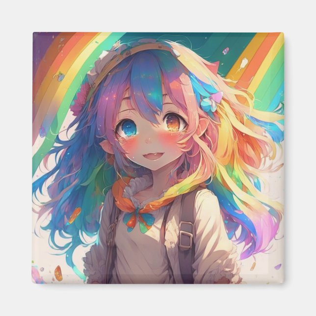 Snygg Rainbow Anime Girl Magnet (Framsidan)