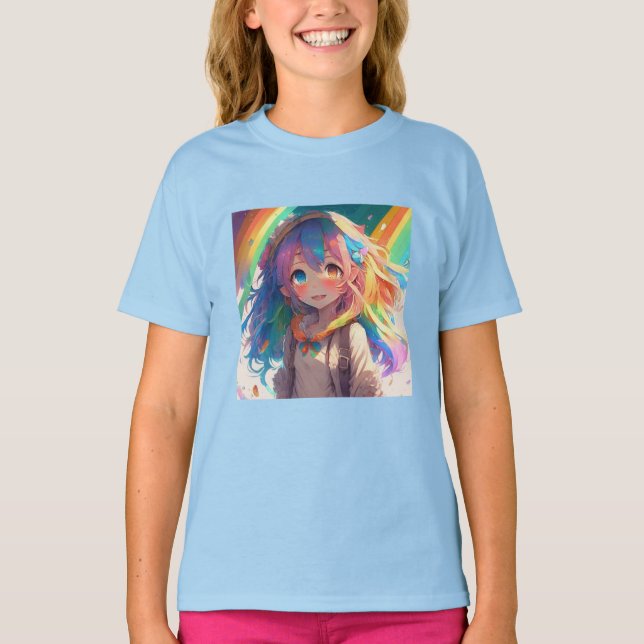Snygg Rainbow Anime Girl T Shirt (Framsida)