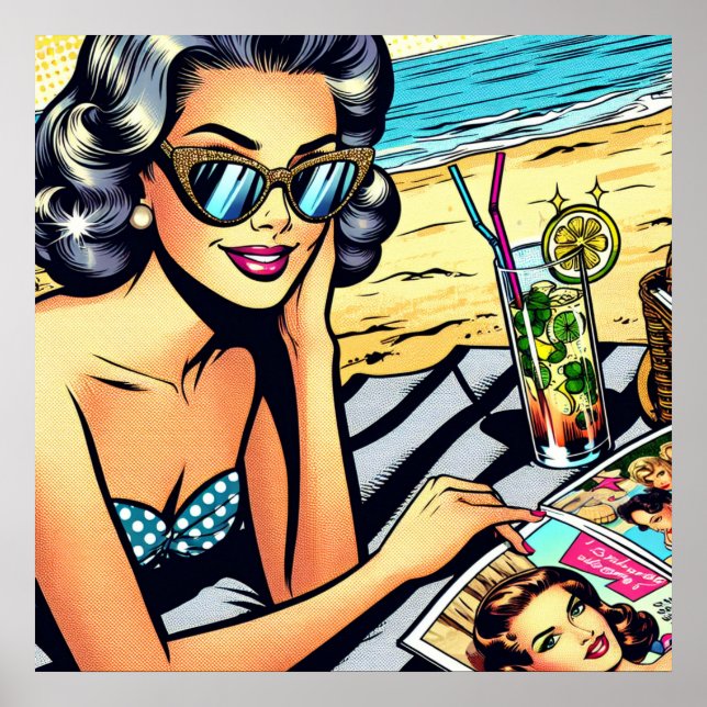 Snygg Retro Dam vid Beach med Cocktail Poster (Framsidan)