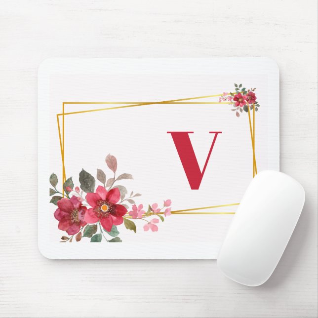 Snygg röd Blommigt med Guld Ram Monogram Musmatta (Med mus)