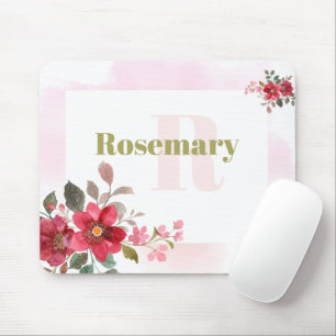Snygg röd Blommigt med Rosa Gräns Monogram Musmatta