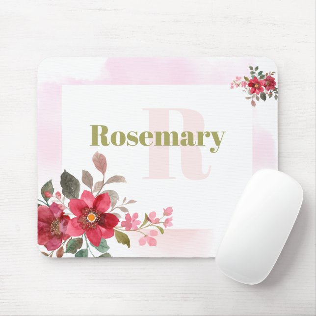 Snygg röd Blommigt med Rosa Gräns Monogram Musmatta (Med mus)