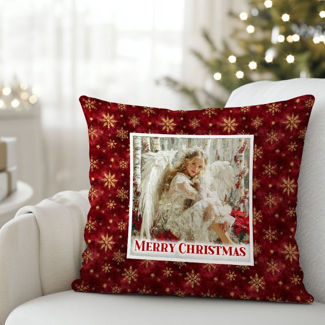 Snygg röd och gul ängel vintage julkudde kudde (Gentle Red and Gold Angel Vintage Christmas Pillow)
