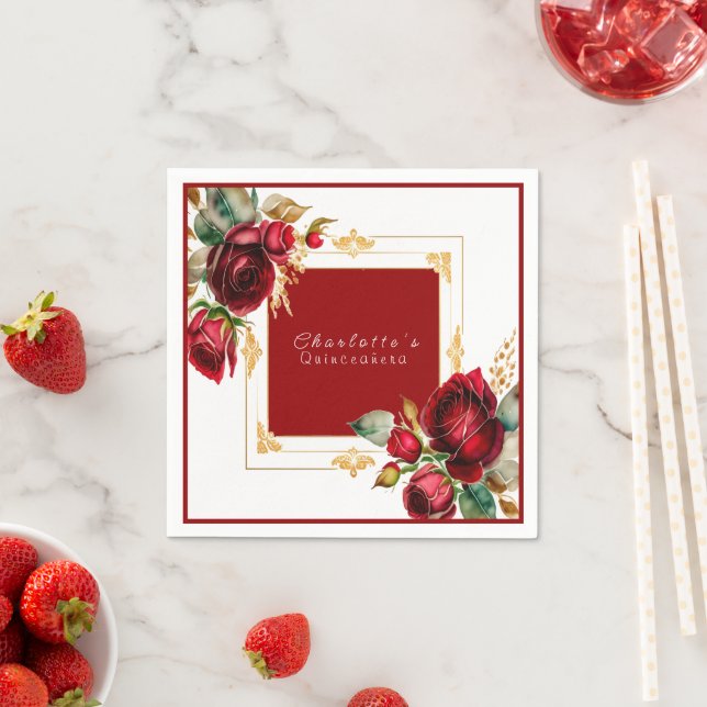 Snygg Röd ros Guld Filigree Quinceañera Pappersservett (Insitu)