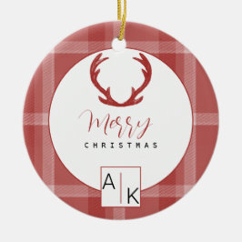 Snygg röd tartanmonogram julgransprydnad keramik