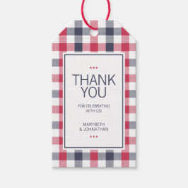 Snygg röd, vit och blå rutig bröllop tack-kort presentetikett