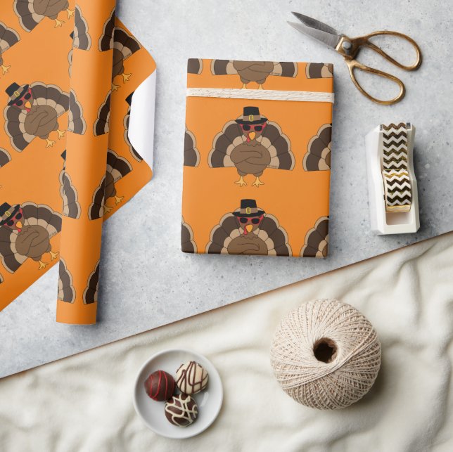 Snygg rolig kalkon Thanksgiving-mönster på orange Presentpapper (Hantverk)