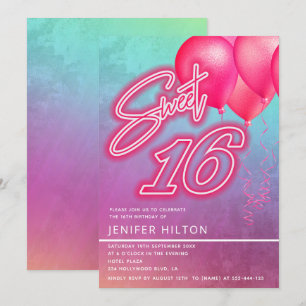 Snygg rosa ballong holografisk neon sweet 16 inbjudningar