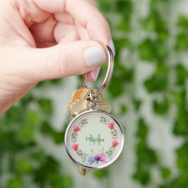 Snygg Rosa Blå Lila Blommigt Utandning Monogramme Rund Silverfärgad Nyckelring
