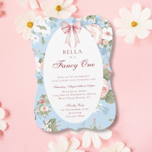 Snygg rosa blå rosett blommig 1-års födelsedag inbjudningar (Skapare uppladdad)