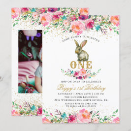 Snygg Rosa Blommigt Bunny 1:a födelsedagsfoto Inbjudningar