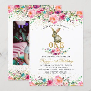 Snygg Rosa Blommigt Bunny 1:a födelsedagsfoto Inbjudningar