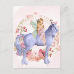 Snygg Rosa Blommigt Fairy och Unicorn Vykort