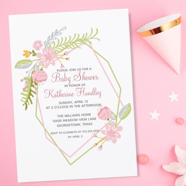 Snygg Rosa Blommigt Geometric Girl Baby Shower Inbjudningar (Skapare uppladdad)