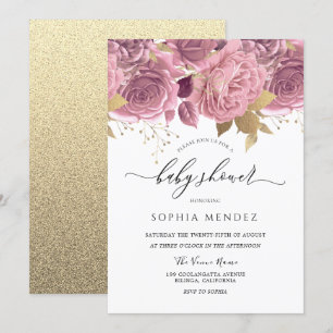 Snygg  Rosa Blommigt Guld Baby Shower Inbjudningar