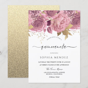 Snygg Rosa Blommigt Guld Quinceanera Inbjudningar