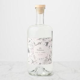 Snygg Rosa Blommigt Monogram Sketched Bröllop Spritflaskor Etikett