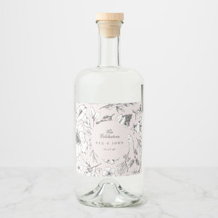 Snygg Rosa Blommigt Monogram Sketched Bröllop Spritflaskor Etikett