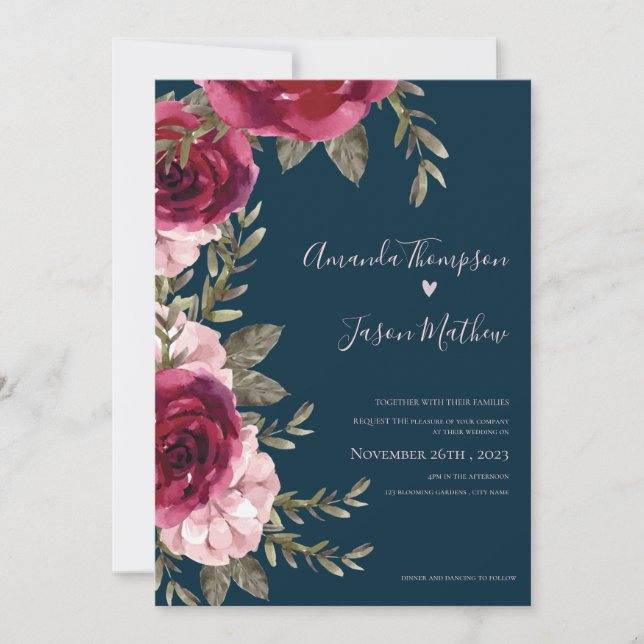 Snygg  Rosa Burgundy Blommigt Bröllop Inbjudningar (Framsida)
