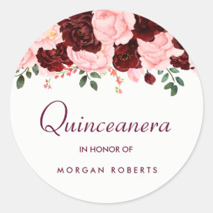 Snygg  Rosa Burgundy Blommigt Quinceanera Runt Klistermärke