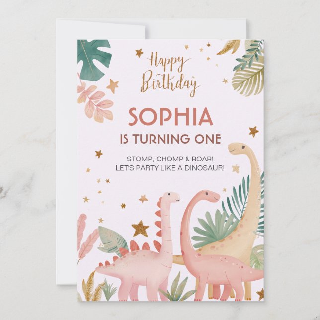Snygg Rosa Dino Inbjudningar (Framsida)