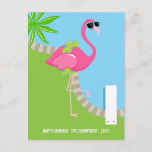 Snygg Rosa Flamingo Sommar Familj Foto Hälsning Helg Vykort