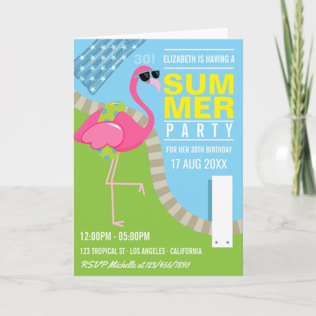 Snygg Rosa Flamingo Sommar Pool Födelsedagsfest Inbjudan (Framsida)