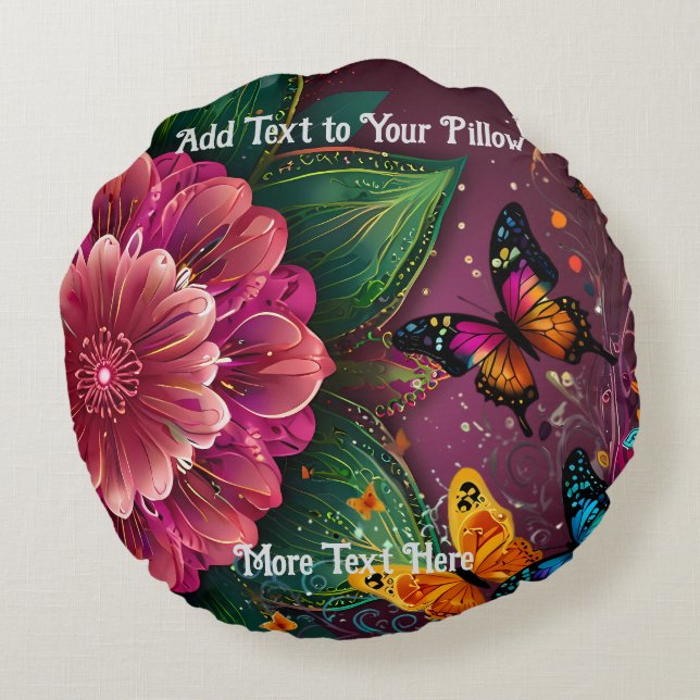 Snygg Rosa Flower och Butterflies-design Rund Kudde (Baksidan)