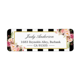Snygg Rosa Flowers Classic Black White Rand Returadress Etikett