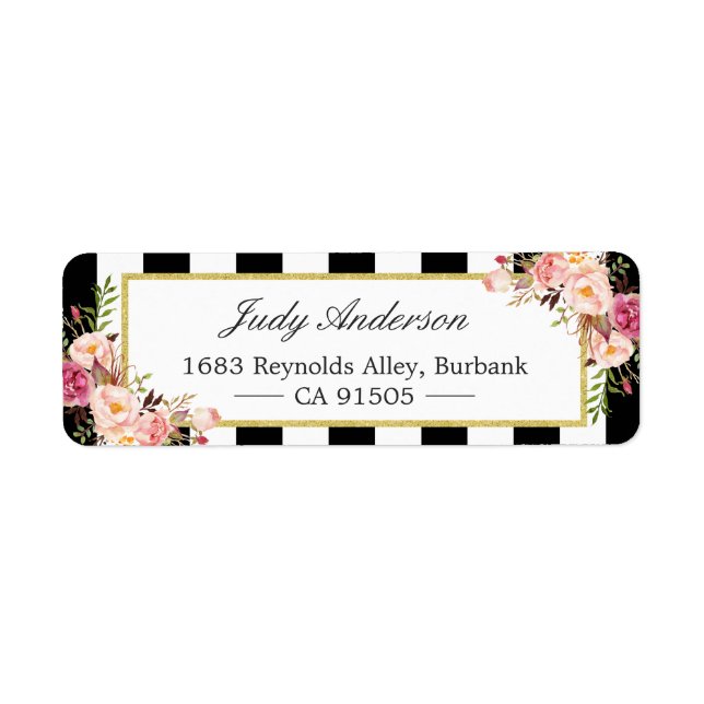 Snygg Rosa Flowers Classic Black White Rand Returadress Etikett (Framsidan)