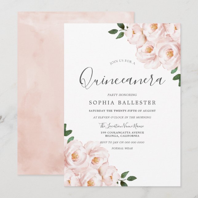 Snygg,  Rosa Flowers Quinceanera Inbjudningar (Fram/baksida)