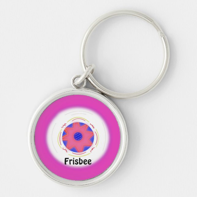 Snygg rosa frisbeedesign rund silverfärgad nyckelring (Framsidan)