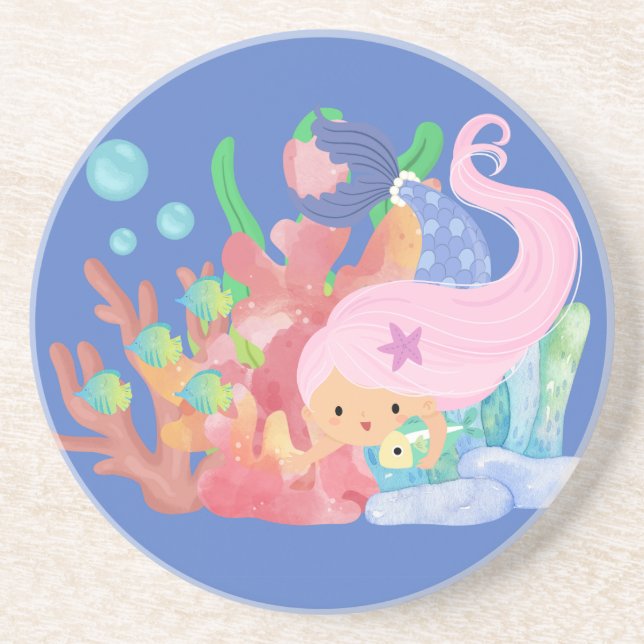 Snygg ROSA HAIR-sjöjungfru som leker kramande fisk Underlägg (Framsidan)