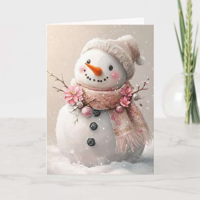 Snygg Rosa jul Snögubbe Blank Tack Kort (Framsida)