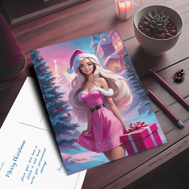 Snygg Rosa Julflicka 01 Vykort (Beautiful Pink Christmas Girl Postcard. Customizable with your text.)
