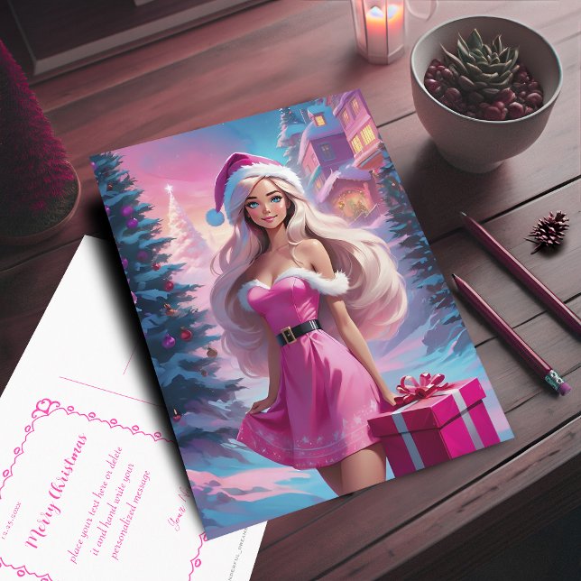 Snygg Rosa Julflicka 01 Vykort (Beautiful Pink Christmas Girl Postcard. Customizable with your text.)