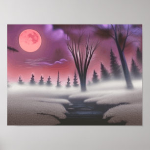 Snygg Rosa Midnight Foggy Forest Full Moon Poster