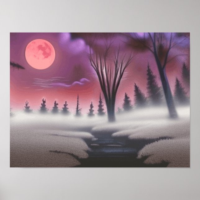 Snygg Rosa Midnight Foggy Forest Full Moon Poster (Framsidan)
