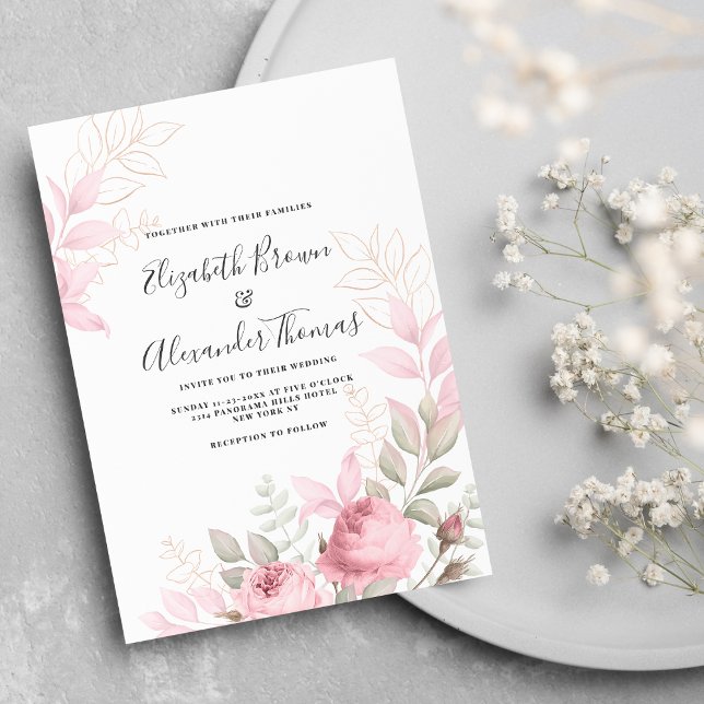 Snygg rosa mynt ro löv blommigt bröllop inbjudningar (Beautiful pink mint roses leaves floral wedding invitation )