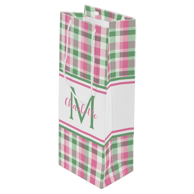 Snygg rosa och grön rutig monogram (Framsidan Vinklad)